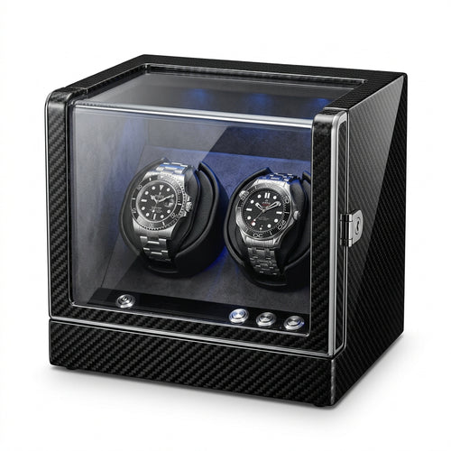 Chronowinder® Duo Carbon Elite – Uhrenbeweger für 2 Uhren mit blauer LED-Beleuchtung auf reinweißem Hintergrund