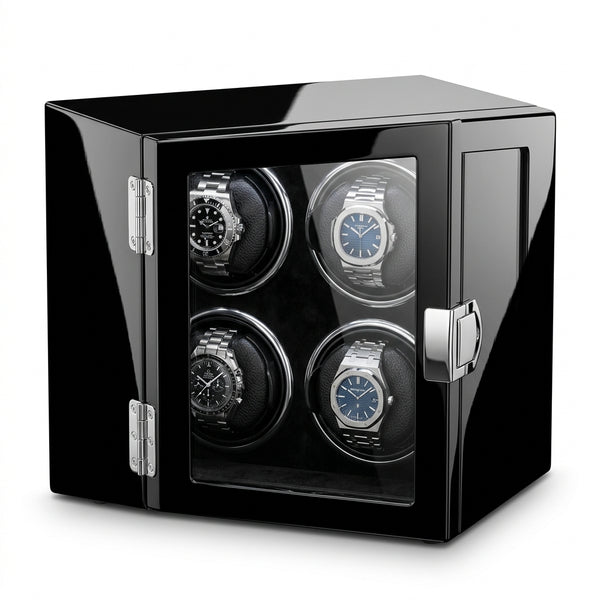 Chronowinder® Quattro Black Piano – Uhrenbeweger für 4 Uhren in edlem Klavierlack auf reinweißem Hintergrund