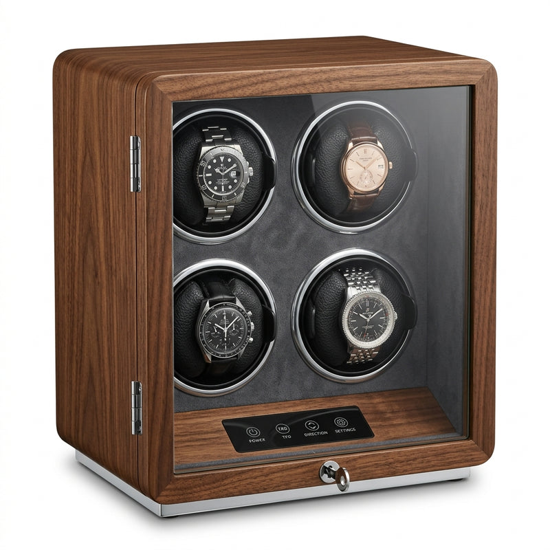 Chronowinder® Quattro Royal Walnuss – 4 getrennte Motoren mit LCD-Touchscreen auf reinweißem Hintergrund