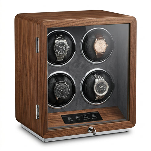 Chronowinder® Quattro Royal Walnuss – 4 getrennte Motoren mit LCD-Touchscreen auf reinweißem Hintergrund